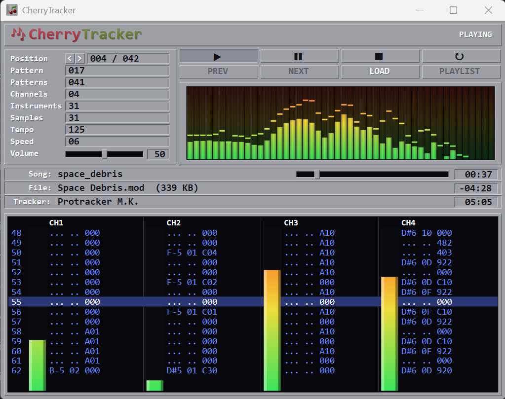 CherryTracker playing a module: spectrum analyzer, per-channel VU meters and a scrolling pattern view